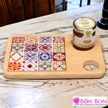 Bomboniera matrimonio solidale tagliere con coltello e miele sicily Cuorematto - 2