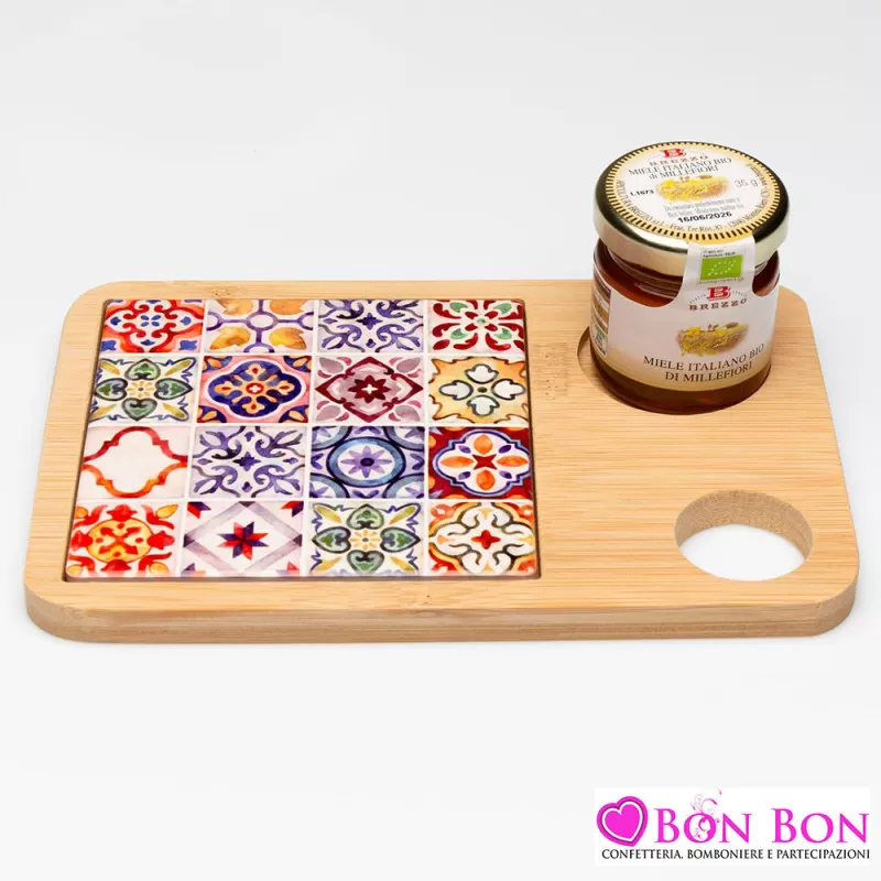 Bomboniera matrimonio solidale tagliere con coltello e miele sicily Cuorematto - 1