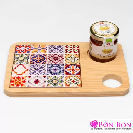 Bomboniera matrimonio solidale tagliere con coltello e miele sicily Cuorematto - 1