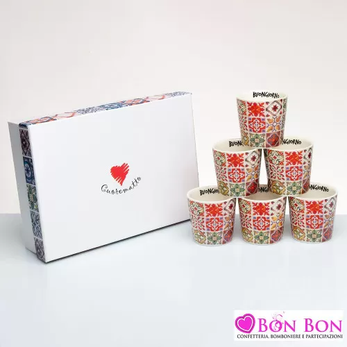 Bomboniera matrimonio solidale set 6 tazze caffè sicily Cuorematto - 1