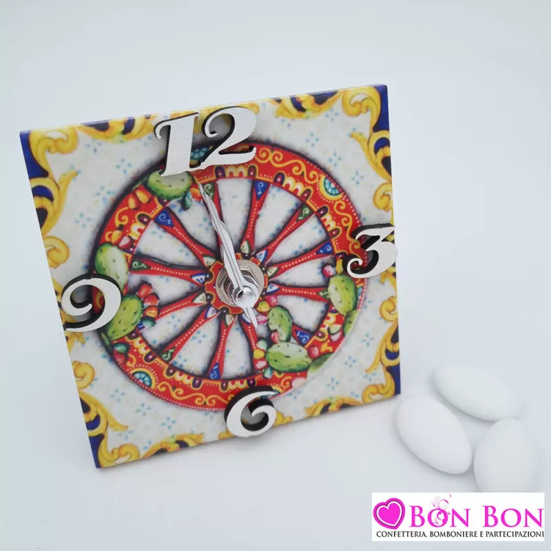 Bomboniera matrimonio tema siciliano orologio con mattonella ruota carro - 1