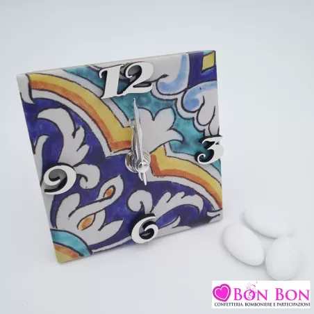 Bomboniera matrimonio tema siciliano orologio con mattonella maiolica blu - 1