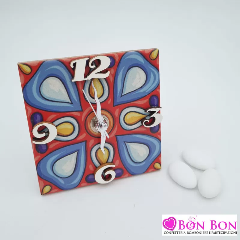 Bomboniera matrimonio tema siciliano orologio con mattonella maiolica rossa - 1