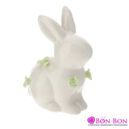 CONIGLIO PORC.10CM BIANCO C7FIORI VERDI Hervit - 1