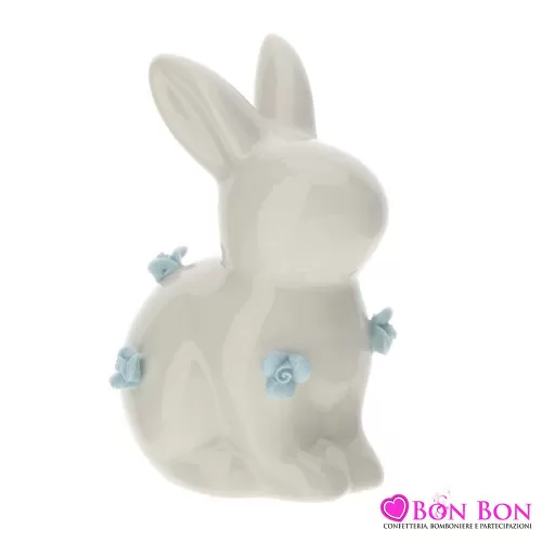 CONIGLIO PORC.10CM BIANCO C/FIORI BLU Hervit - 1