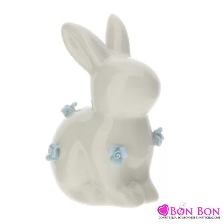 CONIGLIO PORC.10CM BIANCO C/FIORI BLU Hervit - 1