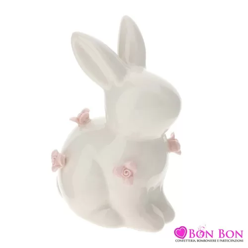 CONIGLIO PORC.10CM BIANCO C/FIORI ROSA Hervit - 1