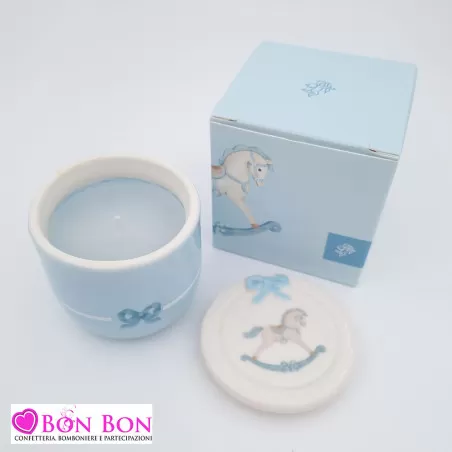 Bomboniera nascita e battesimo candela cavalluccio a dondolo celeste Cupido - 2