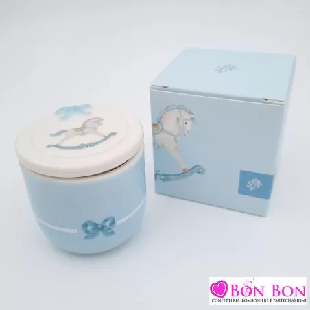 Bomboniera nascita e battesimo candela cavalluccio a dondolo celeste Cupido - 1