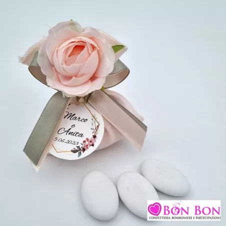 Sacchetti porta confetti per matrimonio crepes rosa cipria con tag rose - 5