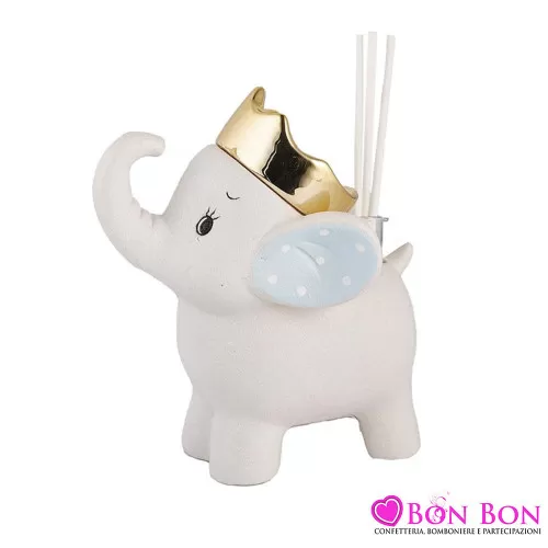Bomboniera nascita e battesimo profumatore elefante celeste con corona Royal Gifts - 1