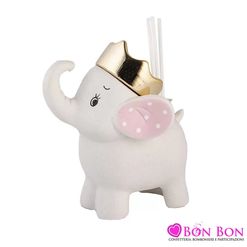 Bomboniera nascita e battesimo profumatore elefante rosa con corona Royal Gifts - 1