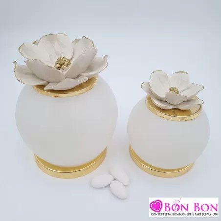 Bomboniera matrimonio lampada con fiore peonia avorio - 1
