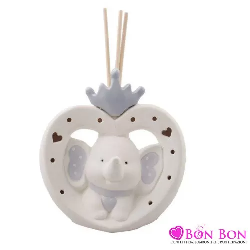 Bomboniera battesimo profumatore elefante celeste con corona e luce led Royal Gifts - 1