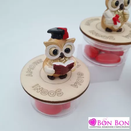 Porta confetti barattolo laurea in plex con gufetto e tappo in legno ETM - 2