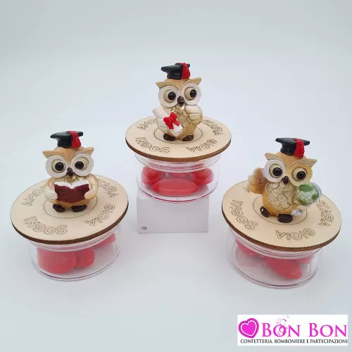 Porta confetti barattolo laurea in plex con gufetto e tappo in legno ETM - 1