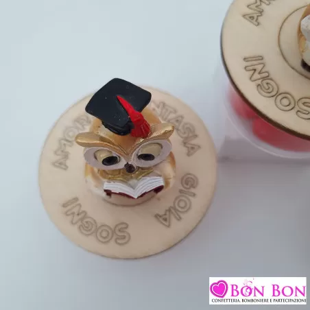 Porta confetti barattolo laurea in plex con gufetto e tappo in legno ETM - 3