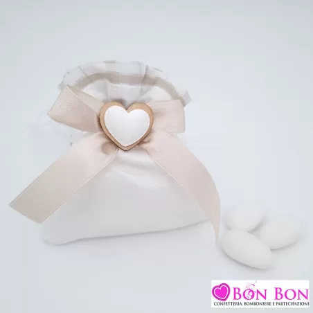 Sacchetto bomboniera matrimonio shabby con cuore tortora - 1
