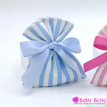 Sacchetto porta confetti nascita e battesimo righe bianche e celesti Liete Creazioni - 1