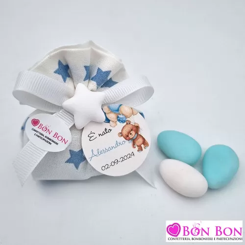Sacchetto nascita porta confetti bianco con stelline celesti Liete Creazioni - 1