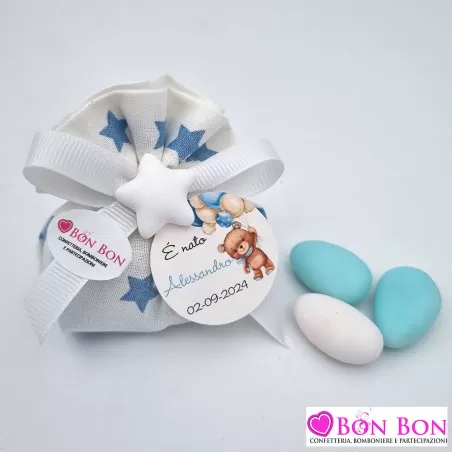 Sacchetto nascita porta confetti bianco con stelline celesti Liete Creazioni - 1