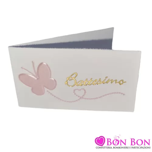 Confezione 20 bigliettini per battesimo con farfalla rosa Alessia Partecipazioni - 1