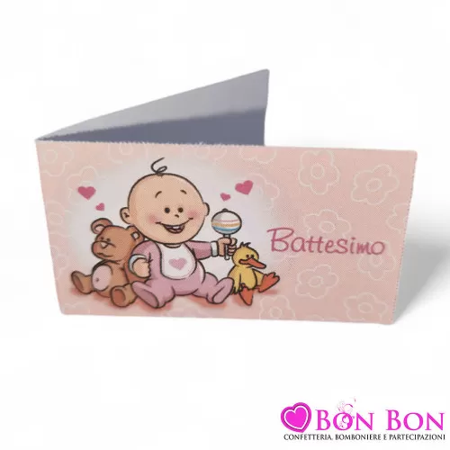 Confezione 20 bigliettini per battesimo con bimba con orsetto