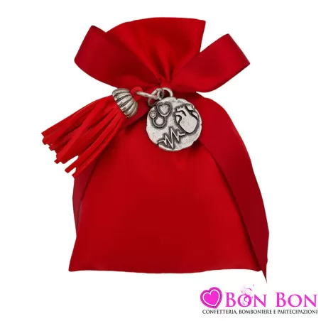 Bomboniera laurea in cardiologia ciondolo in bagno argento con nappa rossa Tabor - 1