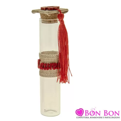 Porta confetti laurea provetta con tappo tocco con applicazione alloro e scritta laurea ETM - 1