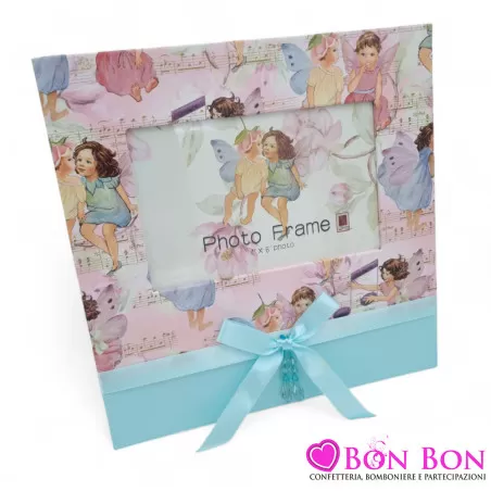 Idea bomboniera prima comunione portafoto con disegno angioletti con fiocco tiffany