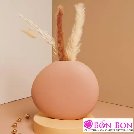 Bomboniera Matrimonio Claraluna 2025 Vaso Tondo Liscio Grande in Porcellana Rosa Cipria con Fiori e Pampas