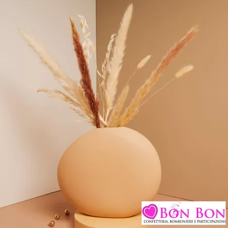 Bomboniera Matrimonio Claraluna 2025 Vaso Tondo Liscio Grande in Porcellana Color Tortora con Fiori e Pampas