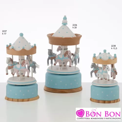 Bomboniera Battesimo Carillon Giostre in Legno con Cavallucci - Colori Celeste e Legno Naturale - 1