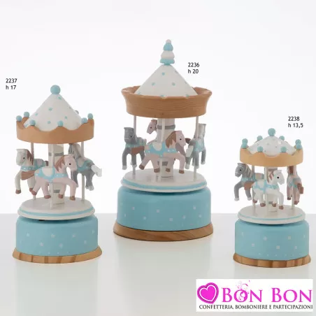 Bomboniera Battesimo Carillon Giostre in Legno con Cavallucci - Colori Celeste e Legno Naturale - 1