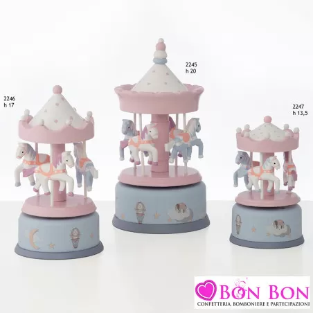 Bomboniera Battesimo Bimba Carillon Giostrina in Legno Rosa con Nuvole, Stelle e Luna