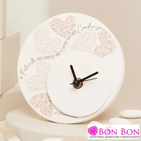 Bomboniera Matrimonio Claraluna 2025 Orologio Tondo in Legno Bianco con Disegno Cuore ad Albero della Vita e Frase Rosa