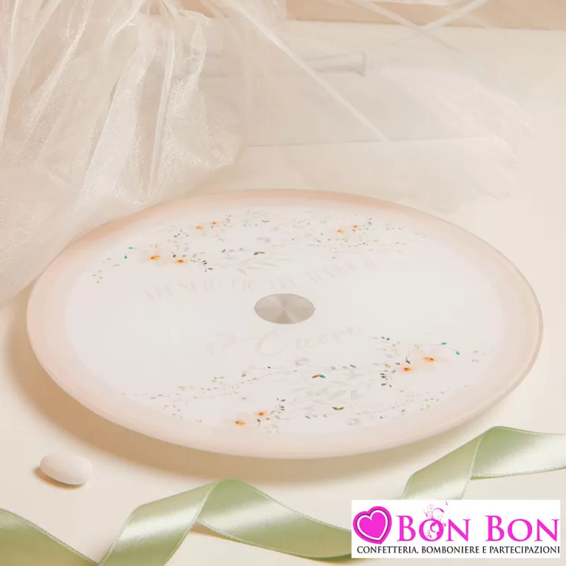 Bomboniera Matrimonio Utile Claraluna 2025 Vassoio Girevole Rotondo con Disegno Fiori e Frase Rosa Claraluna - 1