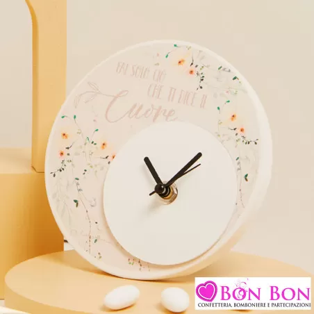 Bomboniera Matrimonio Claraluna 2025 Orologio Rotondo in Legno con Disegno Fiori e Frase Rosa
