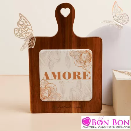 Bomboniera Matrimonio Claraluna 2025 Taglieri in Legno con Cuore Traforato e Mattonella in Porcellana