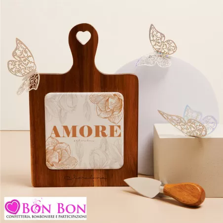 Bomboniere Matrimonio Utili Claraluna 2025 Taglieri in Legno con Mattonella in Porcellana e Decoro Rose con Coltellino