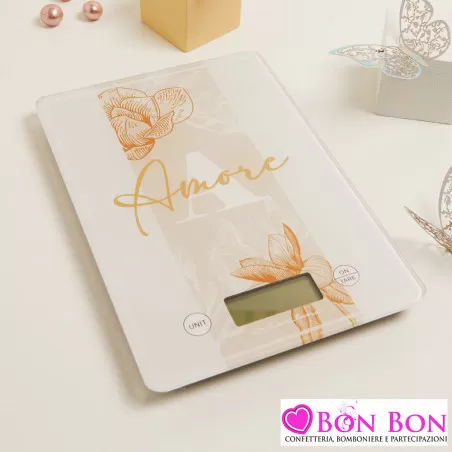 Bomboniere Matrimonio Utili Claraluna 2025 - Bilancia o Vassoio Girevole in Vetro Avorio con Disegno Orchidee e Frase “Amore”