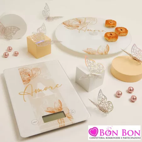 Bomboniere Matrimonio Utili Claraluna 2025 - Bilancia o Vassoio Girevole in Vetro Avorio con Disegno Orchidee e Frase “Amore”