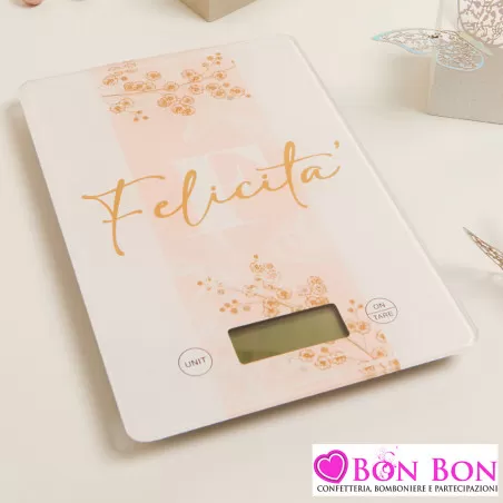 Bomboniera Matrimonio Claraluna 2025 Bilancia o Vassoio Girevole in Vetro Rosa Cipria con Disegno Fiori e Frase "Felicità" Clara