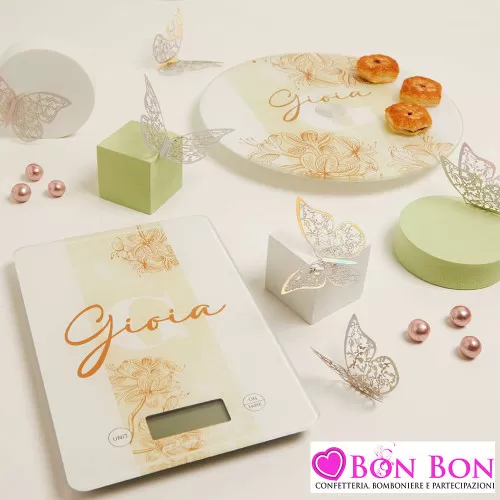 Bomboniere Matrimonio Claraluna 2025 Bilancia o Vassoio Girevole in Vetro Verde Salvia con Disegno Fiori e Frase "Gioia" Claralu