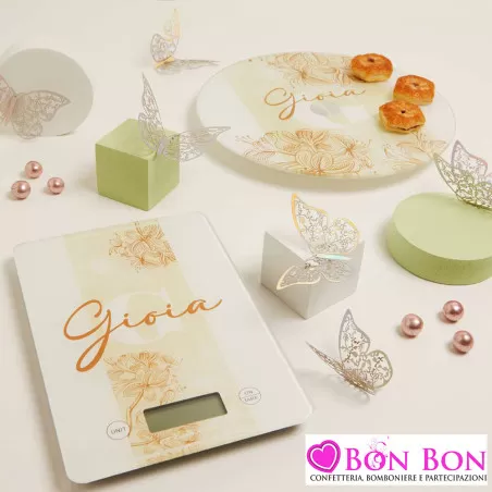 Bomboniere Matrimonio Claraluna 2025 Bilancia o Vassoio Girevole in Vetro Verde Salvia con Disegno Fiori e Frase "Gioia" Claralu