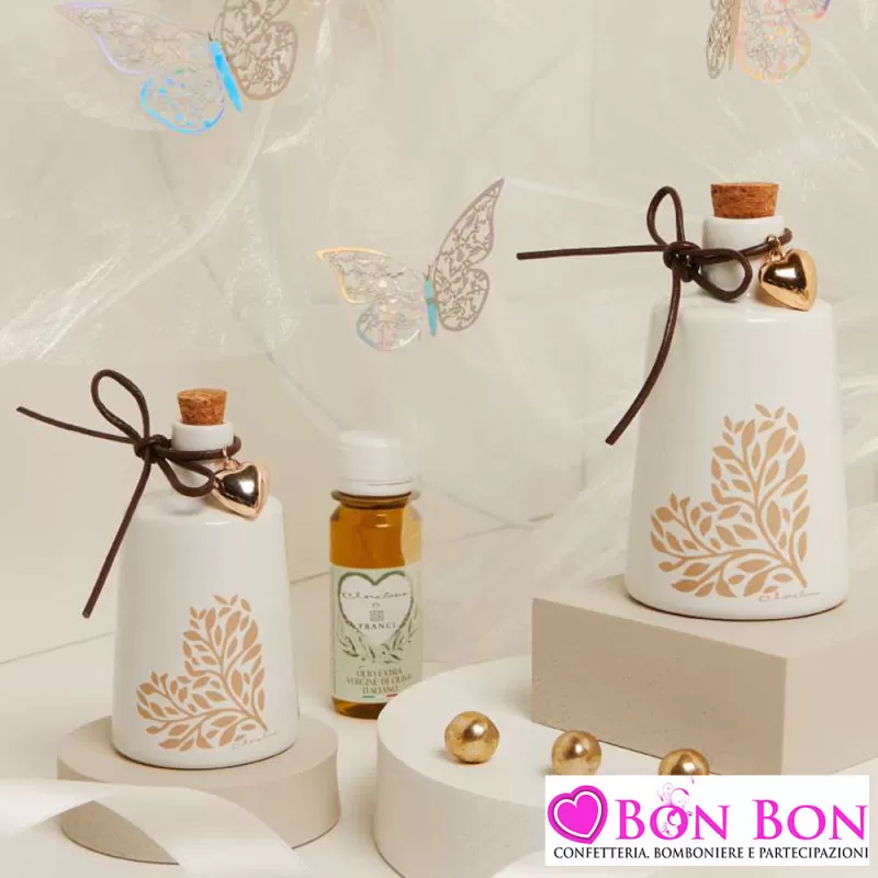 Bomboniera Matrimonio Enogastronomica Claraluna 2025 - Oliere in Porcellana con Cuore Albero della Vita con olio Claraluna - 1