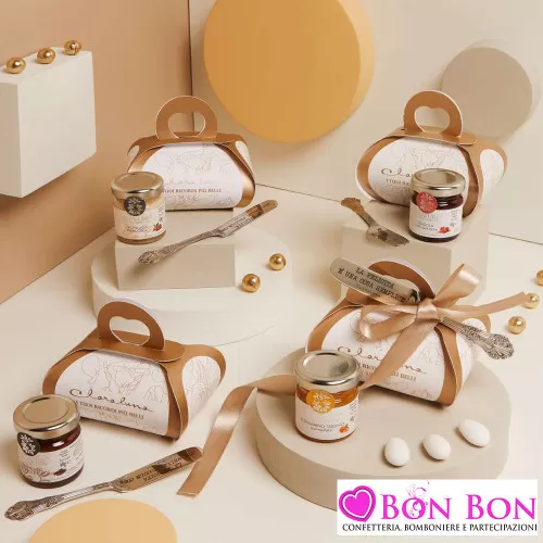 Bomboniere Matrimonio Enogastronomiche Claraluna 2025 - Barattolini di Creme e Marmellate con Coltellino e Confezione Elegante 