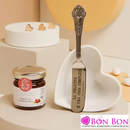 Bomboniera Matrimonio Enogastronomica Claraluna 2025: Ciotolina Cuore in Porcellana con Crema o Marmellata e coltellino Claralun