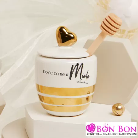 Bomboniere Matrimonio Enogastronomiche Claraluna 2025 - Portamiele in Porcellana con Spargimiele in Legno Claraluna - 15