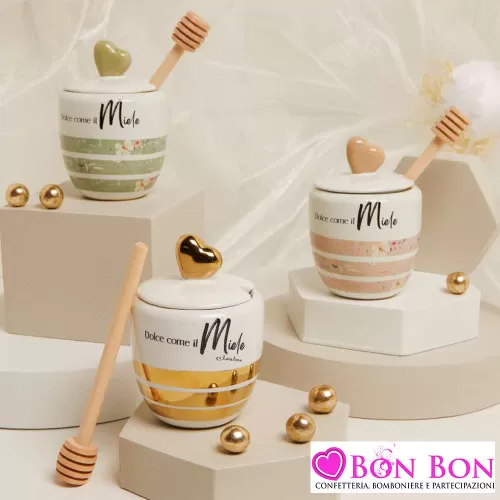 Bomboniere Matrimonio Enogastronomiche Claraluna 2025 - Portamiele in Porcellana con Spargimiele in Legno Claraluna - 18